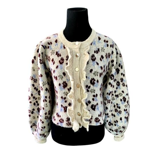 Zara New Woman Ruffle Front Puff Sleeve Floral Cardigan Sweater Small - Picture 2 of 8